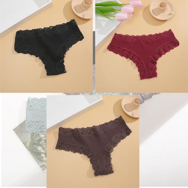 FINETOO 3Pcs Women Cotton Underwear Panties Sexy Lace Brazilian Briefs Low Waist Floral Solid Color G-string Breathable Lingerie