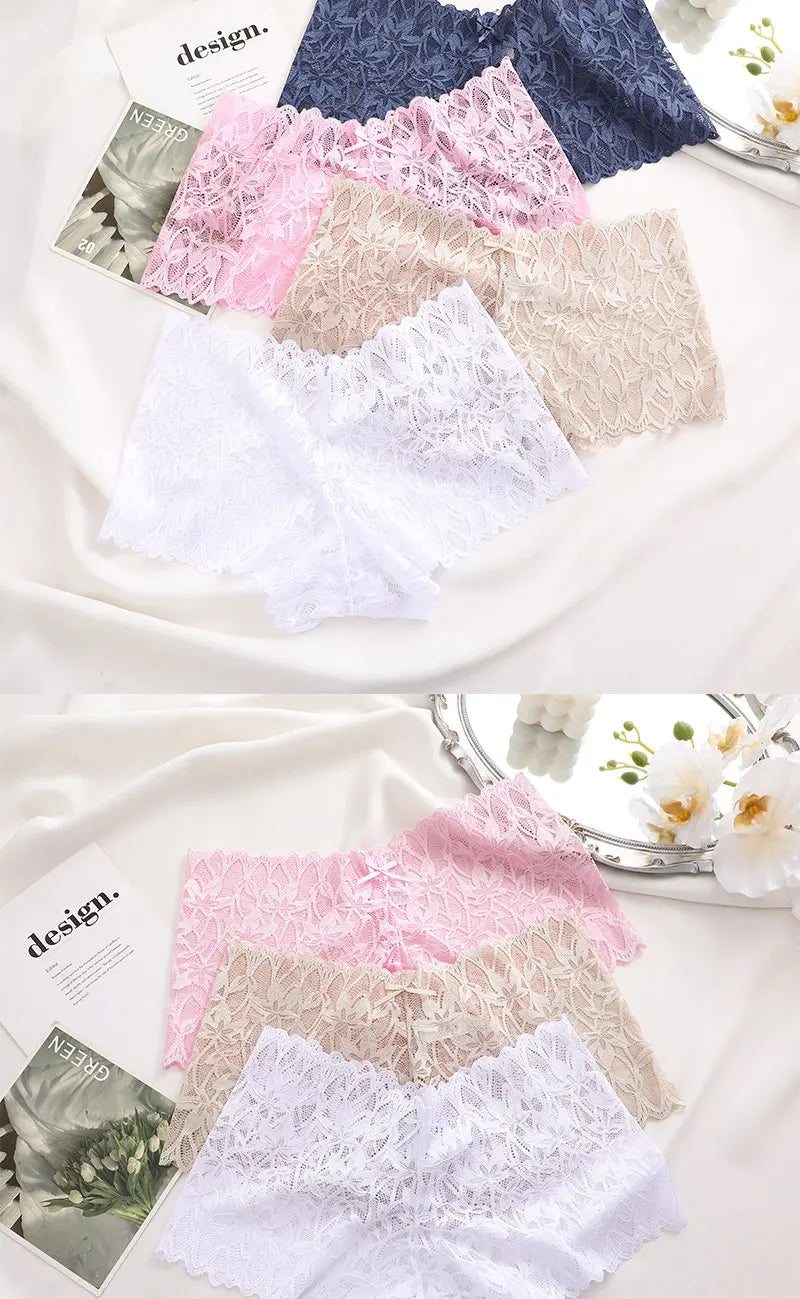 FINETOO 2Pcs Lace Four Shorts Women Low-Rise Panties Floral Underwear S-XL Girls Sexy Panties Ladies Lace Underpants Lingerie