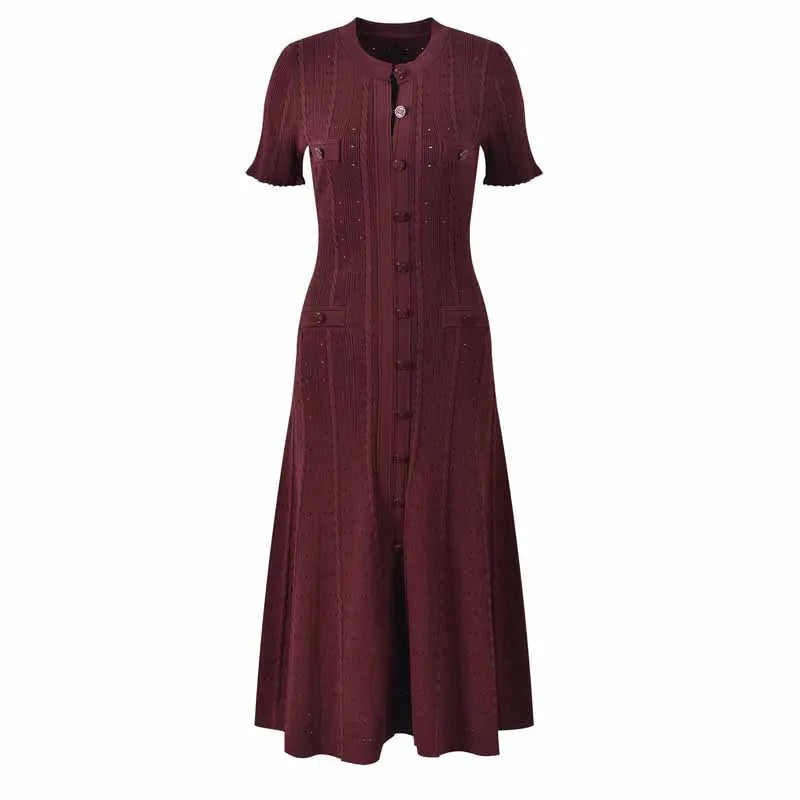 Summer Solid Round Neck Short Sleeved Office Lady Knitted Dress Women Korean Single Breasted Hollow Out Long Dress Fashion Trend