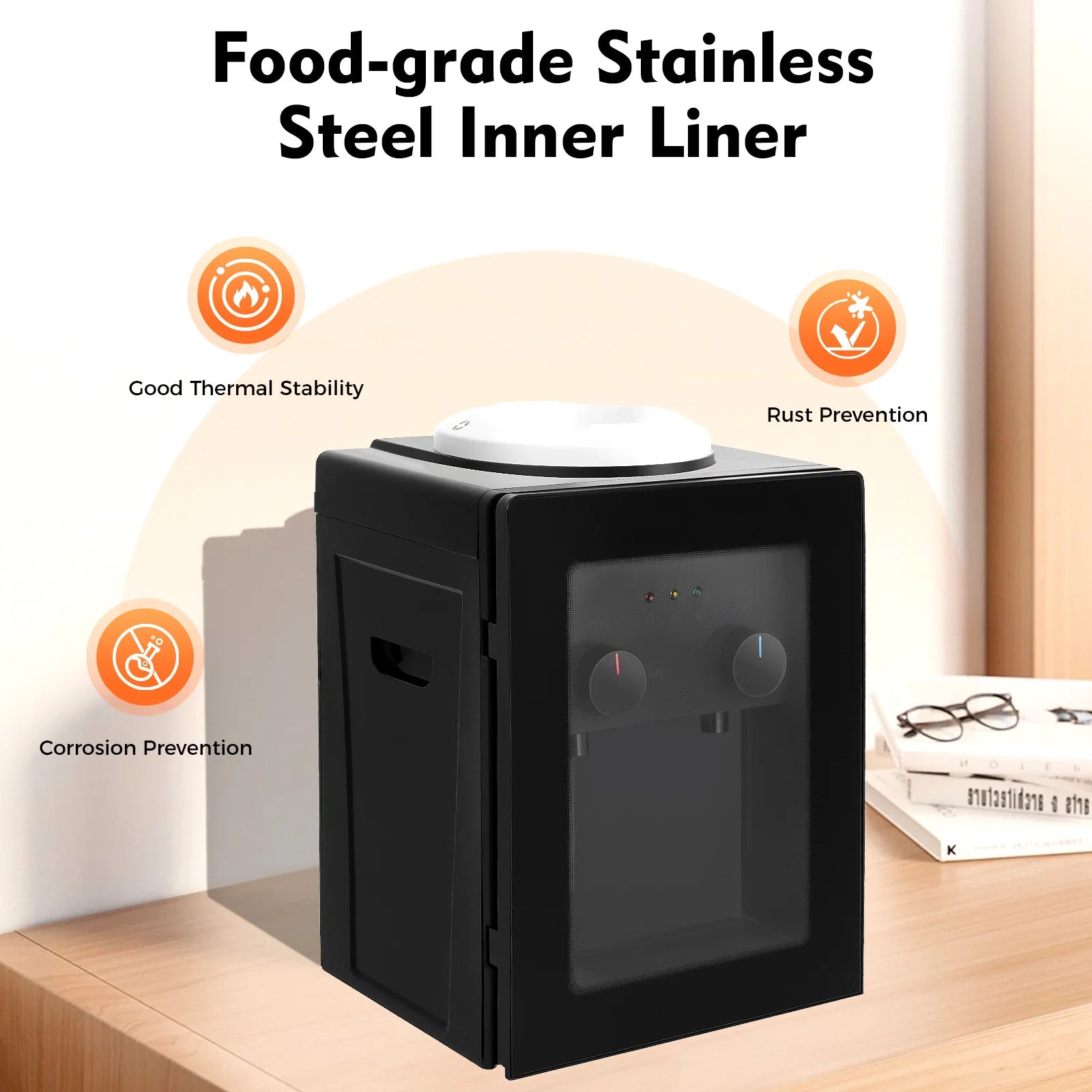 Compact Electric Water Cooler Fast Heating Hot Cold Desktop Dispenser with Removable Basin for Home Office Bedroom Use