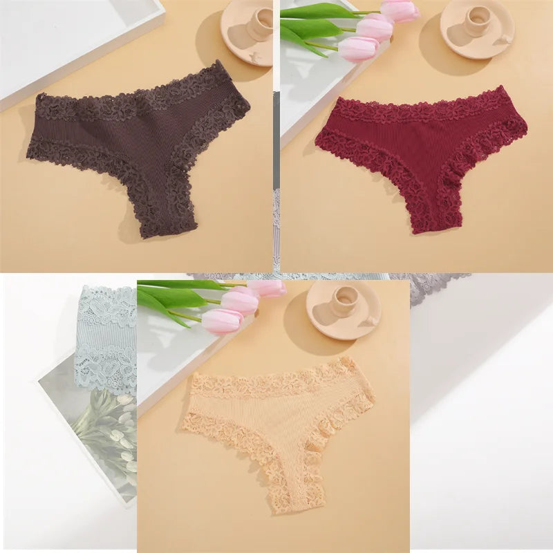 FINETOO 3Pcs Women Cotton Underwear Panties Sexy Lace Brazilian Briefs Low Waist Floral Solid Color G-string Breathable Lingerie