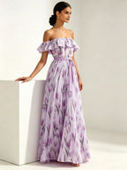 2026 summer off-the-shoulder tulip print plus size slimming square neck maxi dress