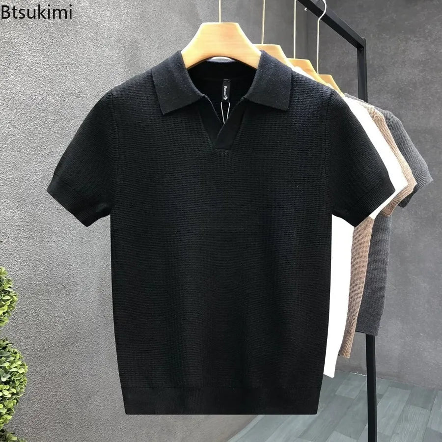 2026 Men's Summer Polo Shirt Korean Style Slim Wrinkle Resistant Collar Solid Color T-Shirts Casual Thin Sleeve Trendy Knit Tops Secondary image