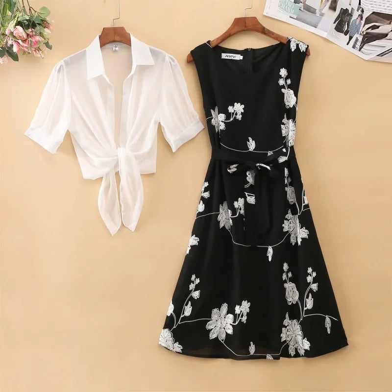 Elegant New Suit High Waist Sleeveless Slim A-line Skirt Floral Two-piece Dress Embroidery White Top Bow Belt Vintage Women Main image