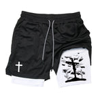 Print 2 in 1 Running Workout Shorts for Men Christian Gym Athletic Performance Shorts with Phone Pocket Towel Loop Activewear