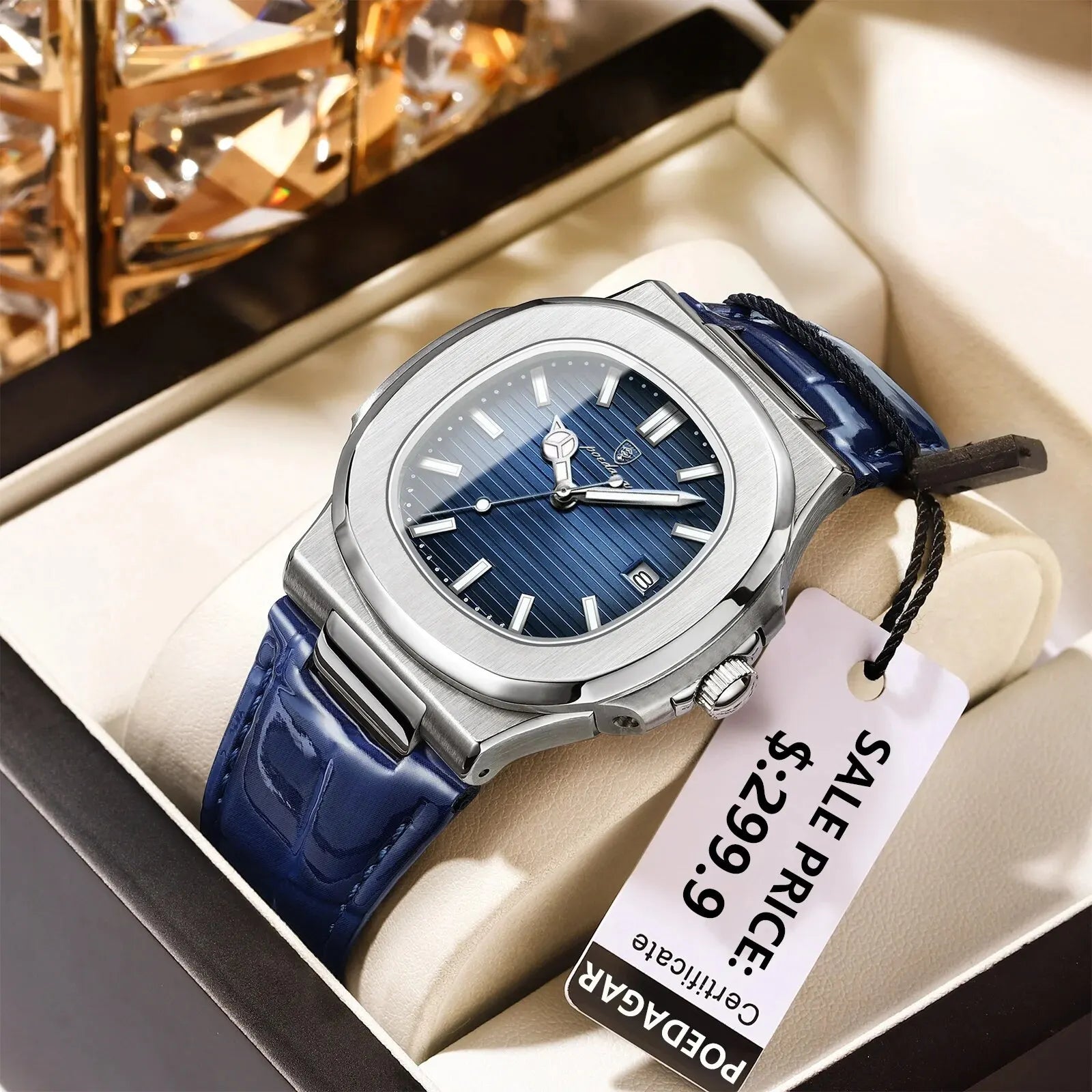 POEDAGAR Top Luxury Square Man Watch Date Waterproof Luminous Men Wristwatch High Quality Leather Men's Quartz Watches+Box Reloj Main image