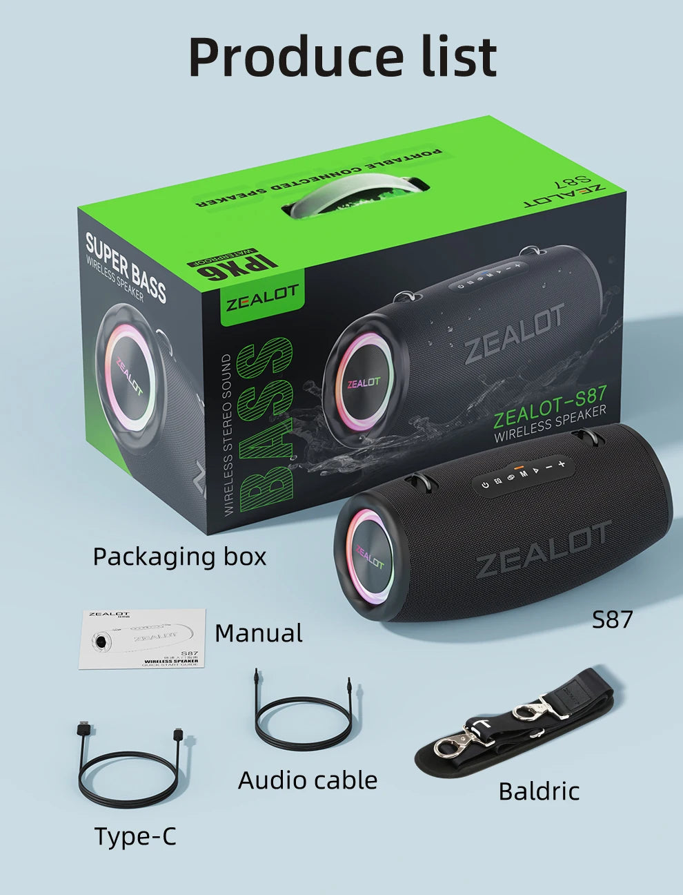 ZEALOT-S87 Outdoor Portable Wireless Bluetooth Speaker 80W High Volume Subwoofer Sound  Performace IPX6 Waterproof camping