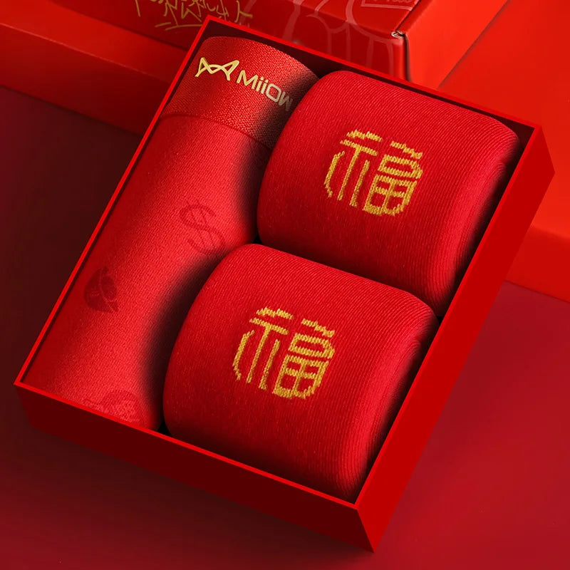 MiiOW Organic Cotton Boxer Socks Set Men Underwear Boxers Trunks Antibacterial Male Panties Boxershorts Underpants Red L-3XL New
