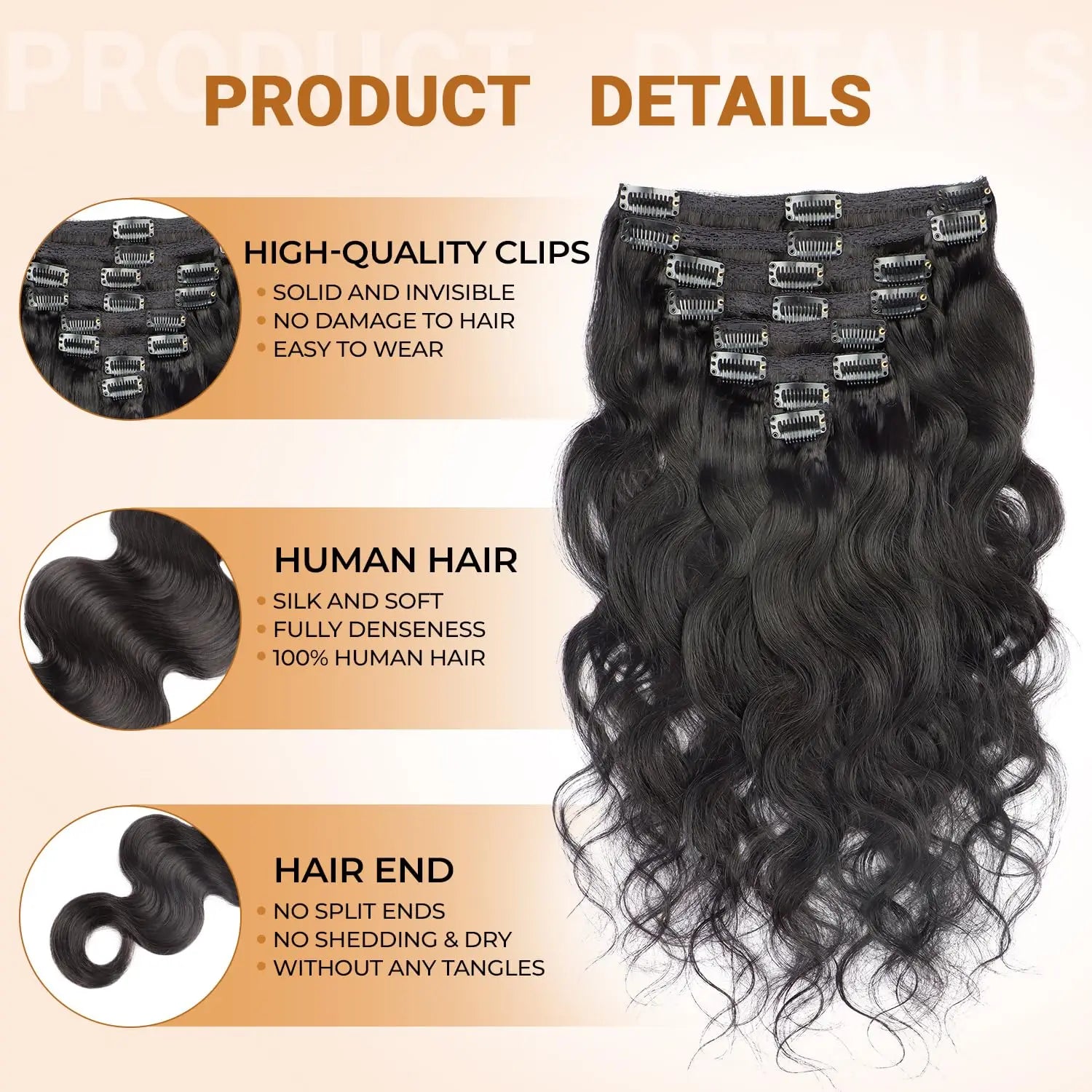 Wave Clip in Hair Extensions Real Human Hair Extensions Clip Ins 120 Gram Body Wave 18 Inch 8Pcs Natural Black 100% Human Hair