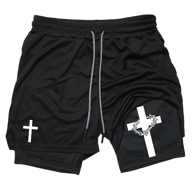 Print 2 in 1 Running Workout Shorts for Men Christian Gym Athletic Performance Shorts with Phone Pocket Towel Loop Activewear