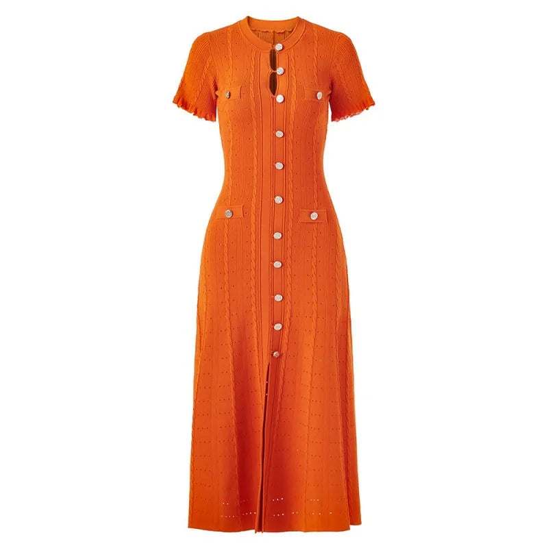 Summer Solid Round Neck Short Sleeved Office Lady Knitted Dress Women Korean Single Breasted Hollow Out Long Dress Fashion Trend
