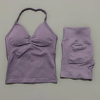 2 Pieces Sports Set Women Backless Halter Tops Fitness Tank Top High Waist Seamless High Stretch Shorts Gym Workout Sets