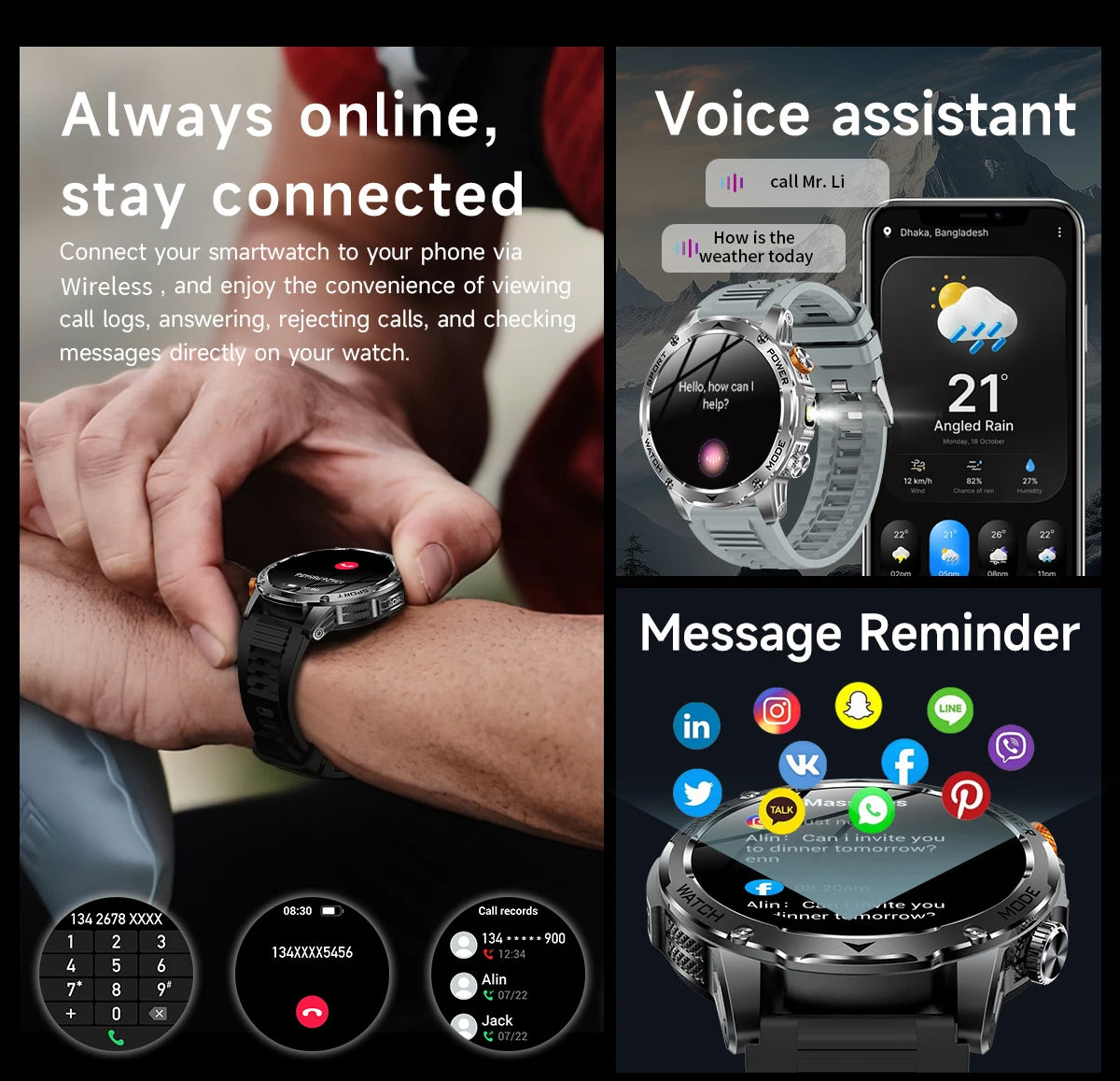 LIGE New Smart Watch Men 1000mAh Large Capacity Battery Outdoor Flashlight Bluetooth Call Waterproof Sport Fitness Smartwatch