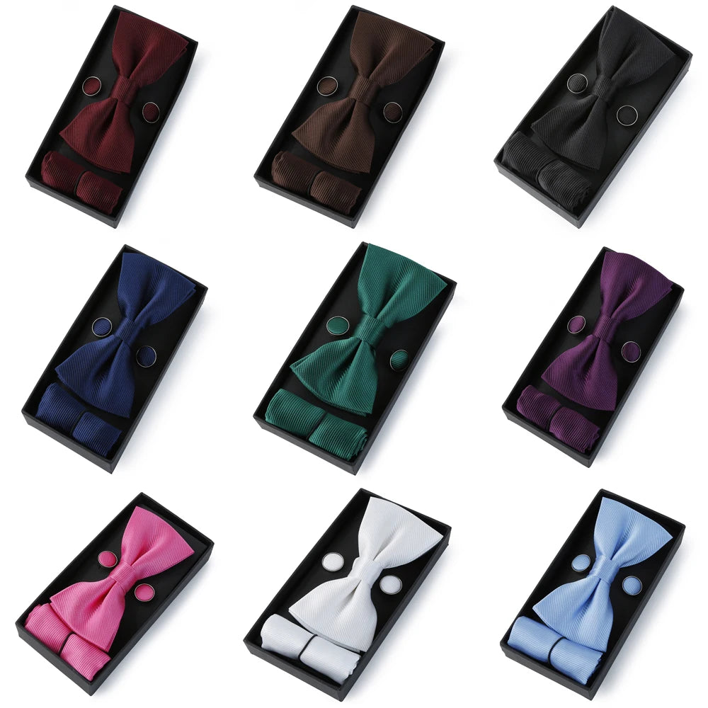 HUISHI Classic Black Bowtie Bow Ties For Mens Butterfly Bowknot Pocket Square Cufflinks Suit Set Bussiness Accessories Gift Box Main image