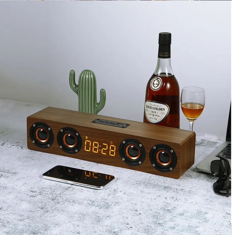 Domars Wireless Bluetooth 5.0 Speakers Wooden Alarm Clock Display Sound System Player with AUX TF FM Radio Subwoofer Box