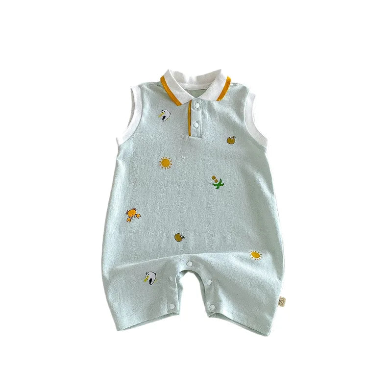 2026 New Summer 0-2Y Baby Clothes Cartoon Print Sleeveless Polo Romper Breathable Mesh Fabric with Placket Snap Closure