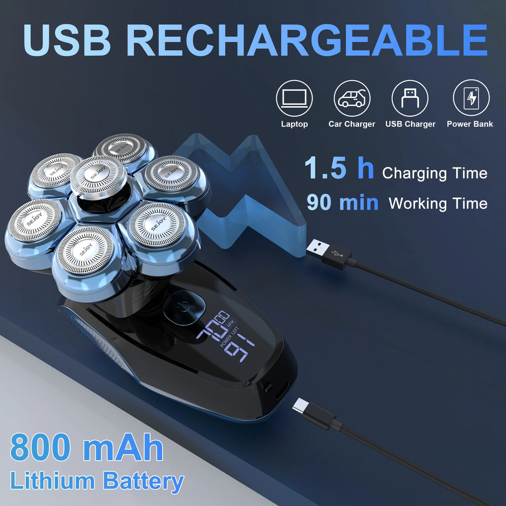 Sejoy 6-in-1 7D Head Shavers for Bald Men Electric Razor with Nose Hair Trimmer Waterproof Multifunctional Men Grooming Kit