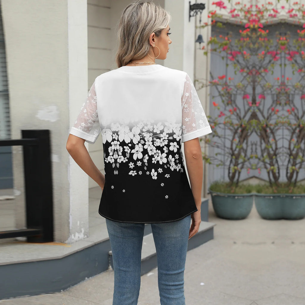 Summer Shirts Women Lace Patchwork Short Sleeve Blouse Flower Print Clothing Fashion Street Casual Daily V-Neck Button Tops 2025