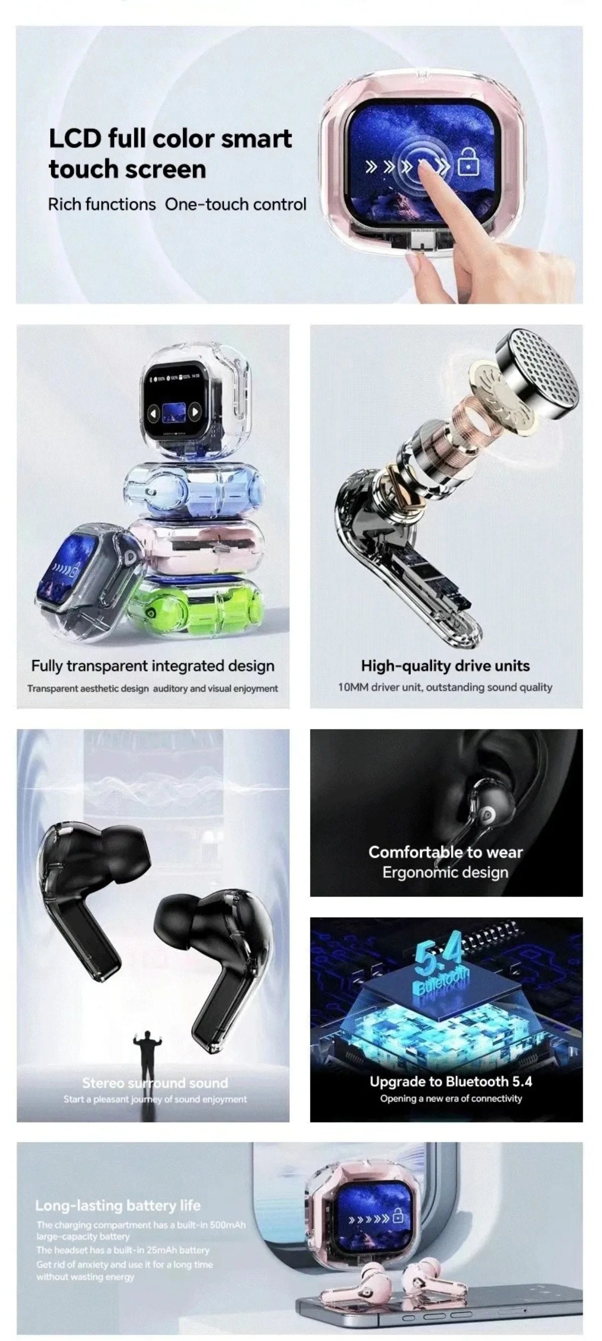 Translation Headphones with Touch Screen Wireless Bluetooth 5.4 Smart  Earphone HiFi Audio High Quality Transparent Case Headset