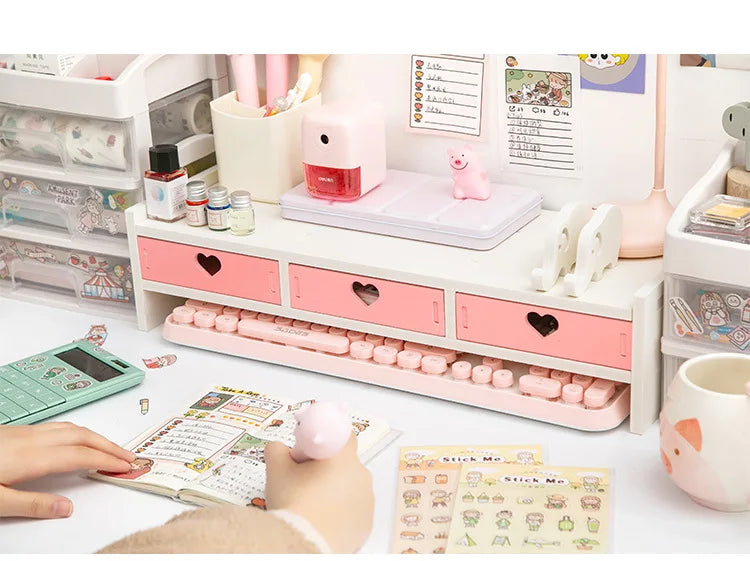 Pink White Student Storage Rack Heart Drawers Monitor Laptop Increase Shelf Office Screen Riser Holder Stationery Pen Storage