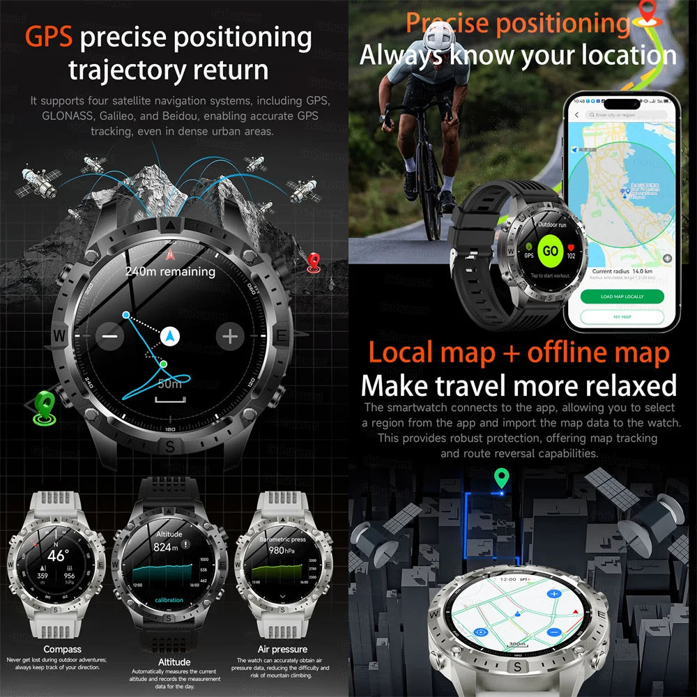 GPS Sports Smartwatch Men Women Swim Waterproof Fitness Tracker 2GB Memory Offline Maps  SpO2 Rugged Outdoor Smartwatch for Men