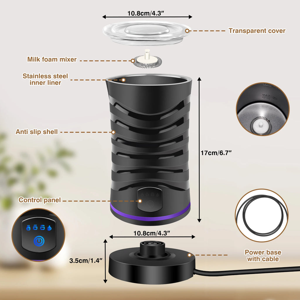 4 in 1 Automatic Milk Frother Electric, 600ml Capacity Hot & Cold Milk Foamer, Silent Operation for Coffee Cappuccino Chocolatte