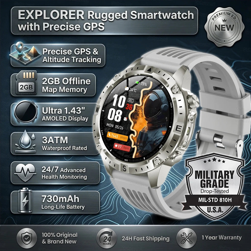 GPS Sports Smartwatch Men Women Swim Waterproof Fitness Tracker 2GB Memory Offline Maps  SpO2 Rugged Outdoor Smartwatch for Men