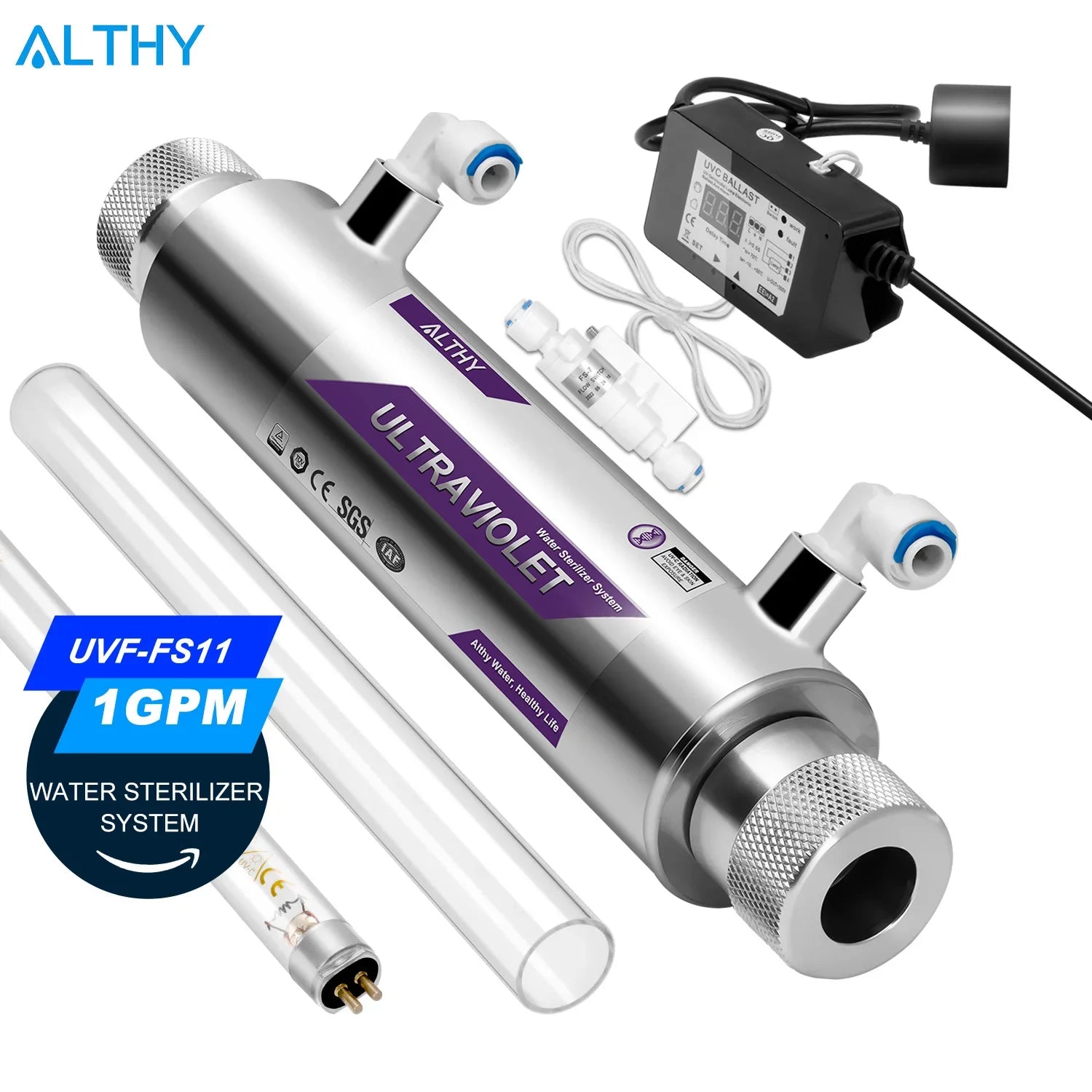 ALTHY UV Ultraviolet Water Sterilizer Purifier System Disinfection Filter Lamp + Flow Switch Control Stainless Steel 1GPM Main image
