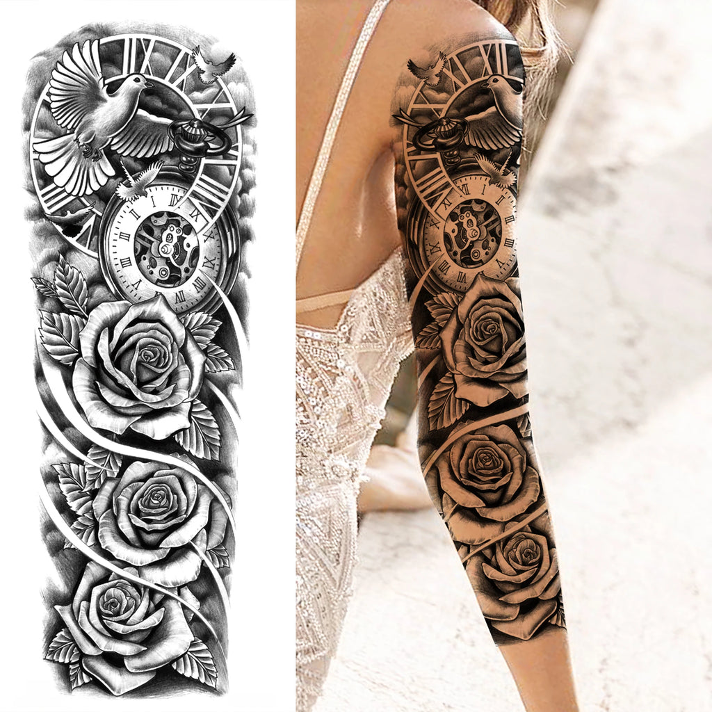 1 Sheet Full Arm Compass Zeus Skull Tiger Lion Flower Temporary Tattoos Sleeve For Men Women Adults Fake Temp Sticker Tattoo