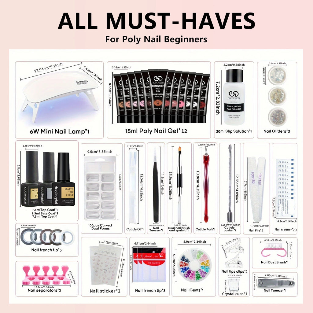 39pcs Nail Extension Gel Kit - contains all the basic nail tools, easy to use for beginners Easy salon nail construction gel