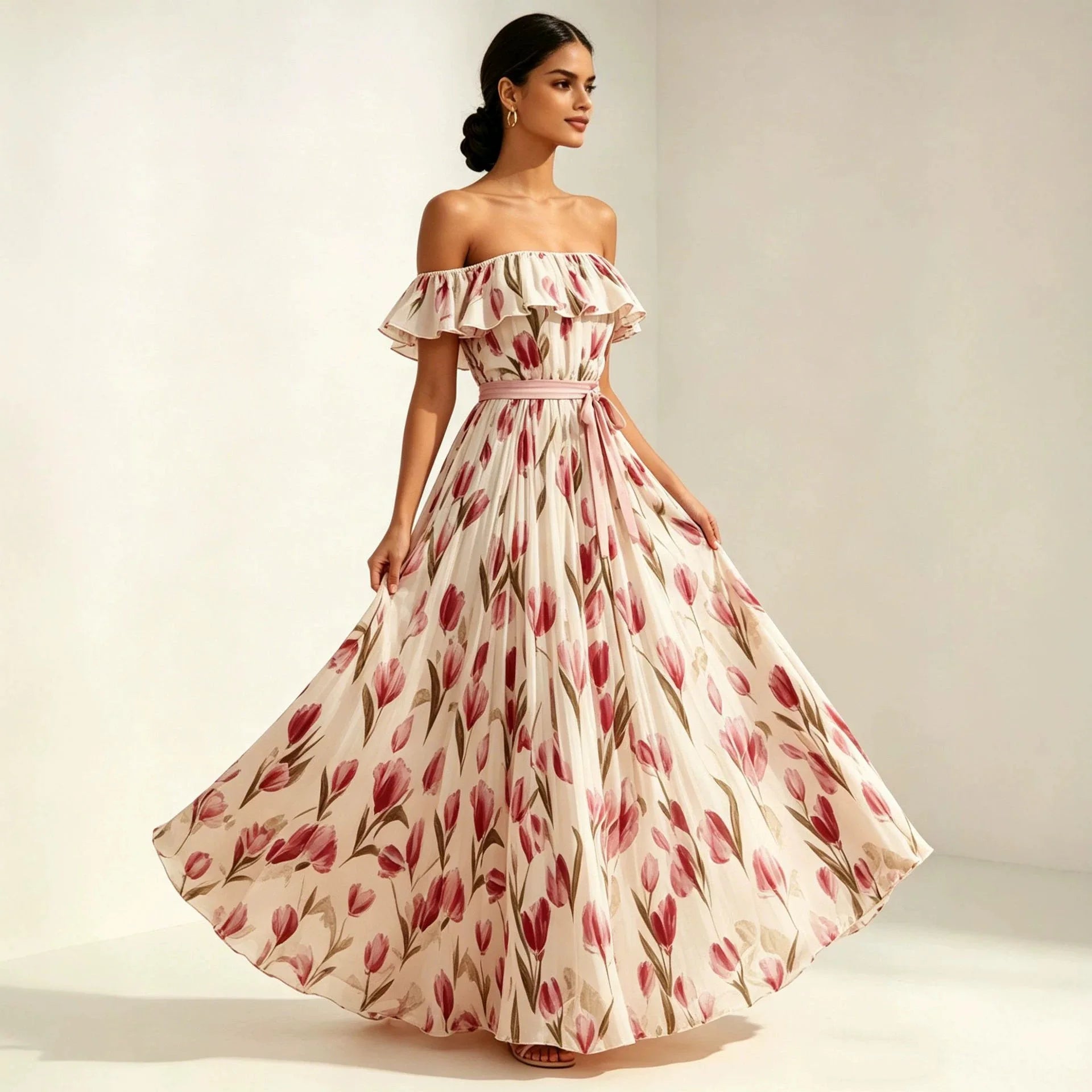 2026 summer off-the-shoulder tulip print plus size slimming square neck maxi dress Secondary image
