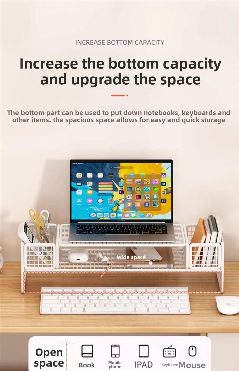 Height Adjustable Computer Stand Desk Monitor Laptop Cooling Rack Suspended Bracket Office Storage Solution