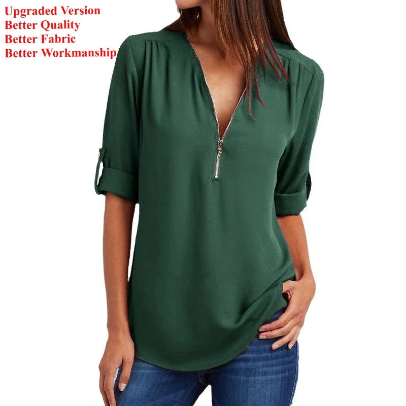 2024 Quality HotSale Plus Size Deep V Neck Women Blouse Chiffon Cool Loose Shirt Fashion Casual Ladies Tops Sexy Zipper Pullover Secondary image