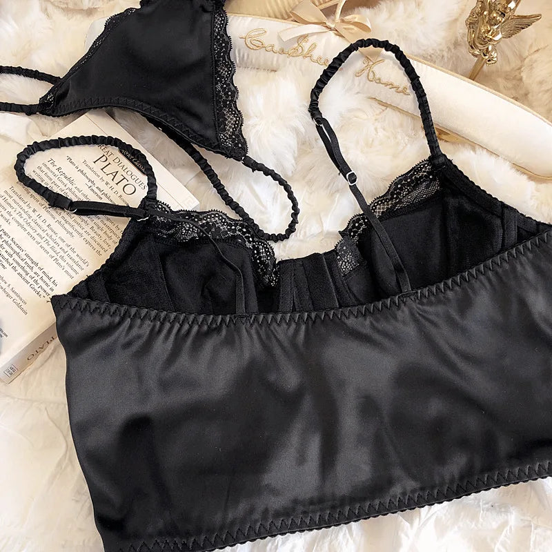 Summer Women Lingerie Set French Sexy Lace Ultra Thin Bra Set Silk Fabric Comfort Adjustable Strap Bralette Thongs Underwear Set