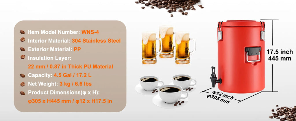 SucceBuy  Stainless Steel Insulated Beverage Dispenser 2 Gallon 7.6 Liter Thermal Hot and Cold Drink Server Dispenser