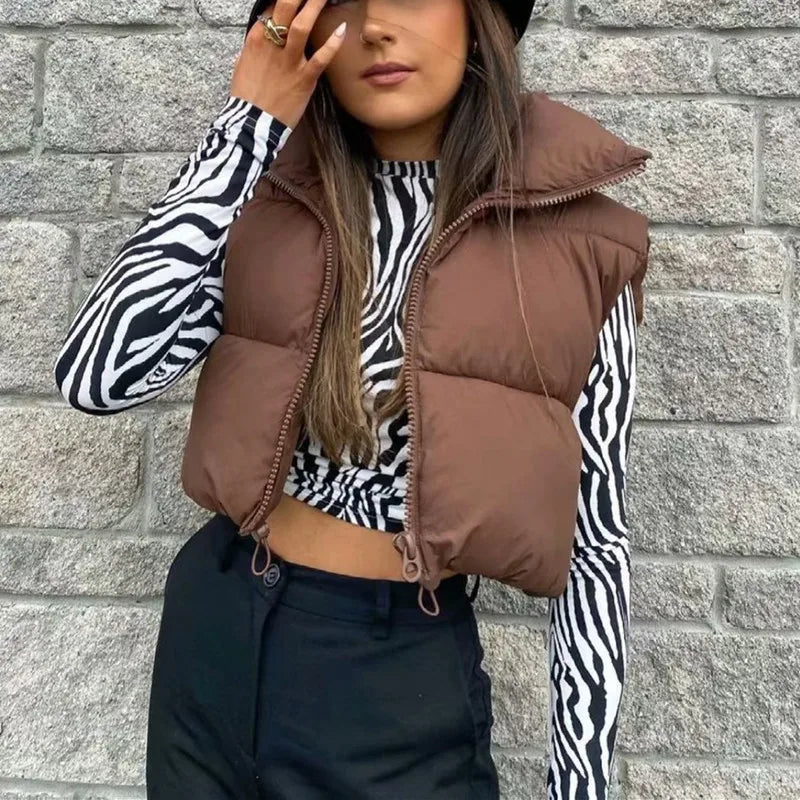 Winter Short Down Sleeveless Vest Women Warm Stand Collar Zipper Jacket Casual Fashion Quilted Cropped Coats Street Outerwears Secondary image