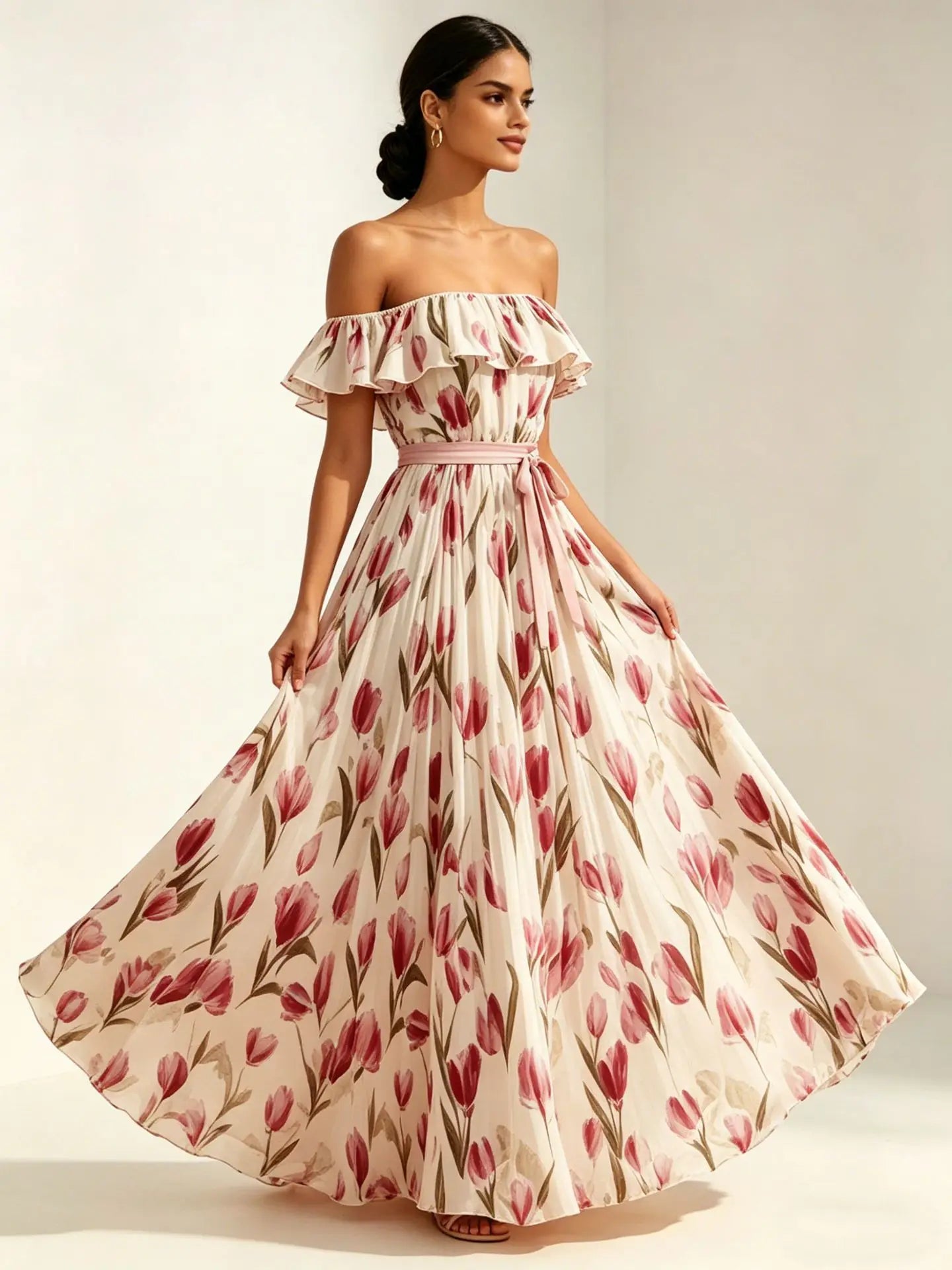 2026 summer off-the-shoulder tulip print plus size slimming square neck maxi dress