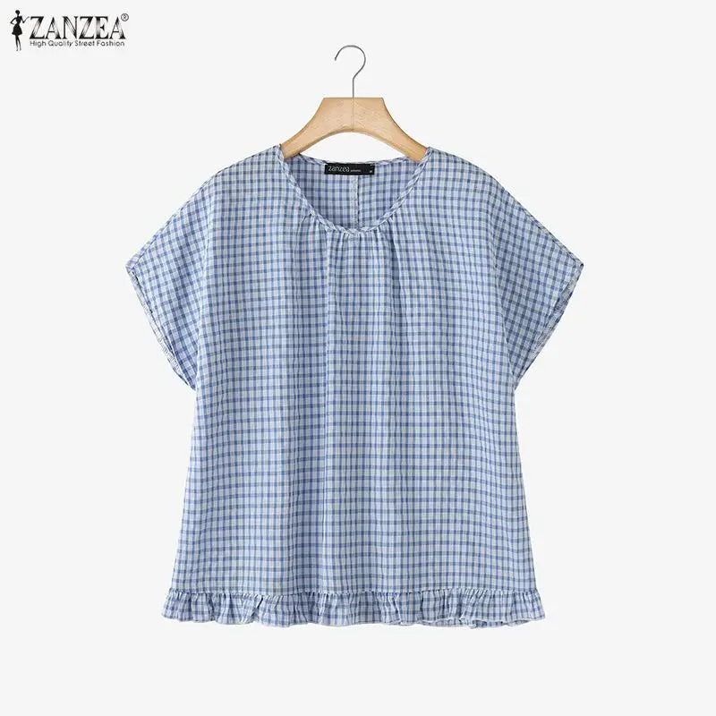 Women Summer Plaid Checked Blouse ZANZEA 2026 Fashion O Neck Short Sleeve Tops Casual Loose Holiday Shirt Elegant Work Blusas