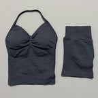2 Pieces Sports Set Women Backless Halter Tops Fitness Tank Top High Waist Seamless High Stretch Shorts Gym Workout Sets
