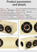 Domars Wireless Bluetooth 5.0 Speakers Wooden Alarm Clock Display Sound System Player with AUX TF FM Radio Subwoofer Box