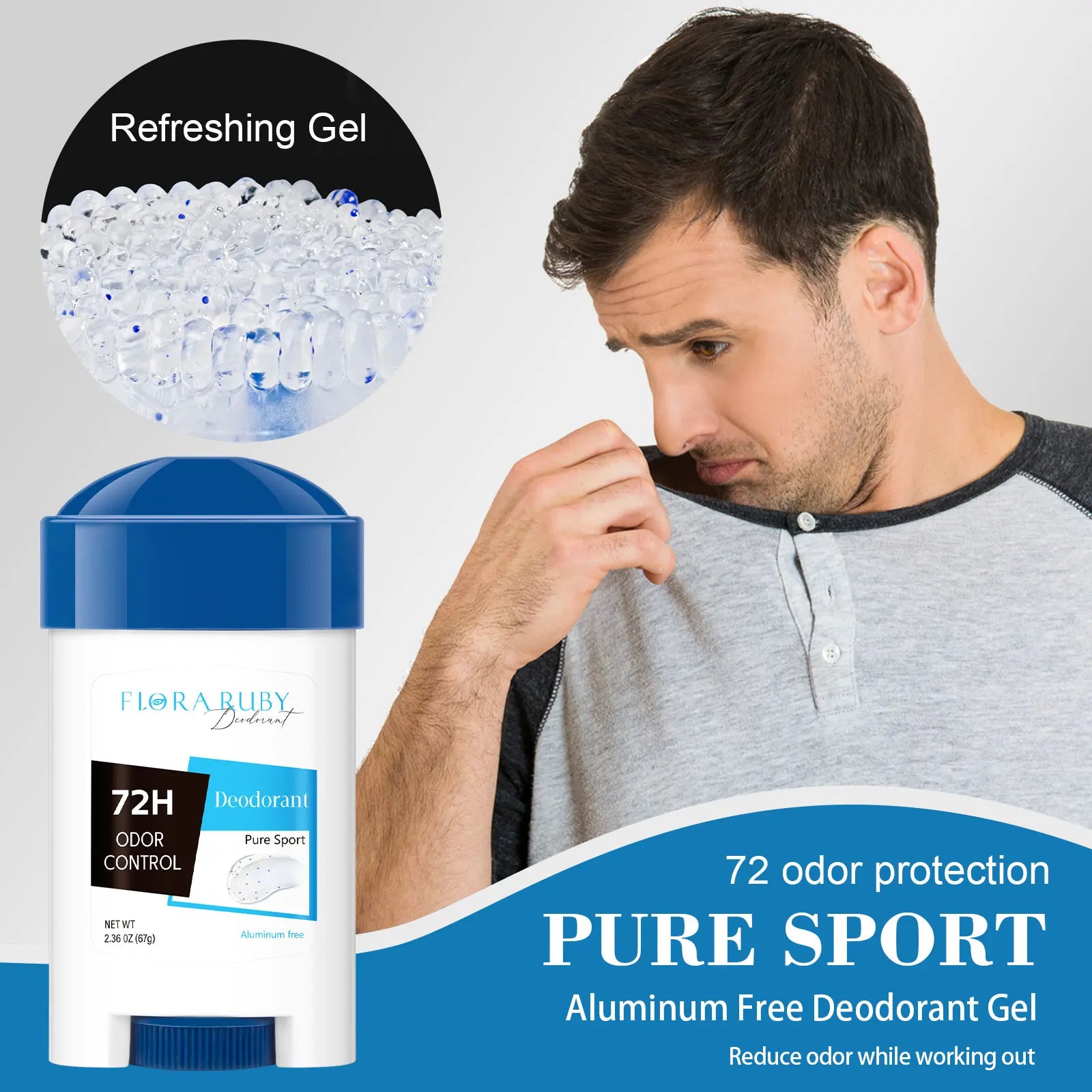 72-Hour Long-Lasting Deodorant Men，Aluminum-Free Fresh Scent，Pure Sport for Gym & Workout，Underarm Odor Body Remove，No Stains