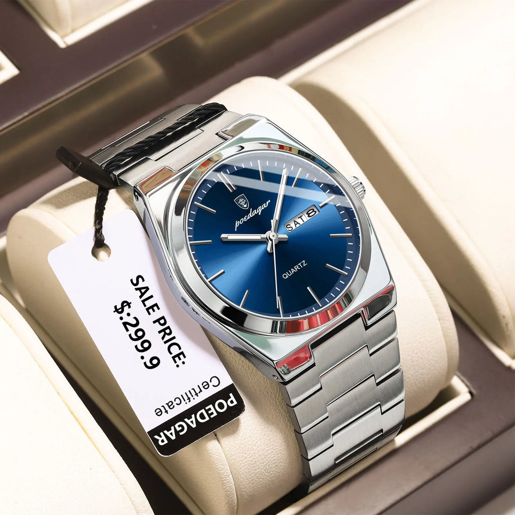 POEDAGAR Luxury Men's Watches Waterproof Luminous Date Week Men Watch Stainless Steel Casual Fashion Quartz Man Wristwatch Reloj