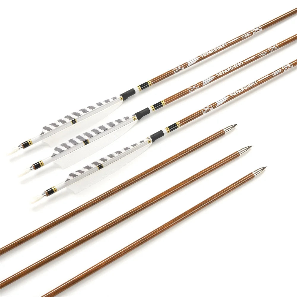 6/12/24pcs 32Inch Archery 100%Pure Carbon Arrows ID 6.2mm Wooden Shaft with 5'' Natural Feathers for Hunting Shooting