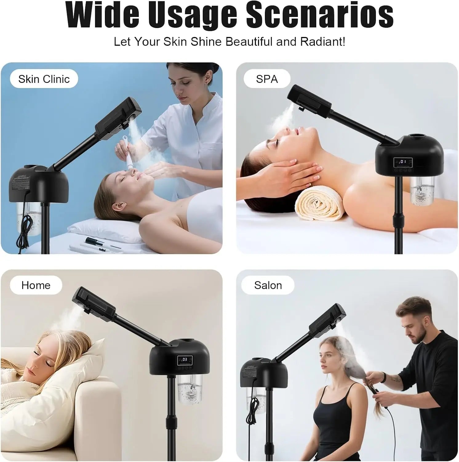 Portable Aesthetic Professional Height Adjustable Facial Steamer with LCD Screen and Wheels, Suitable for Beauty Salons and Home