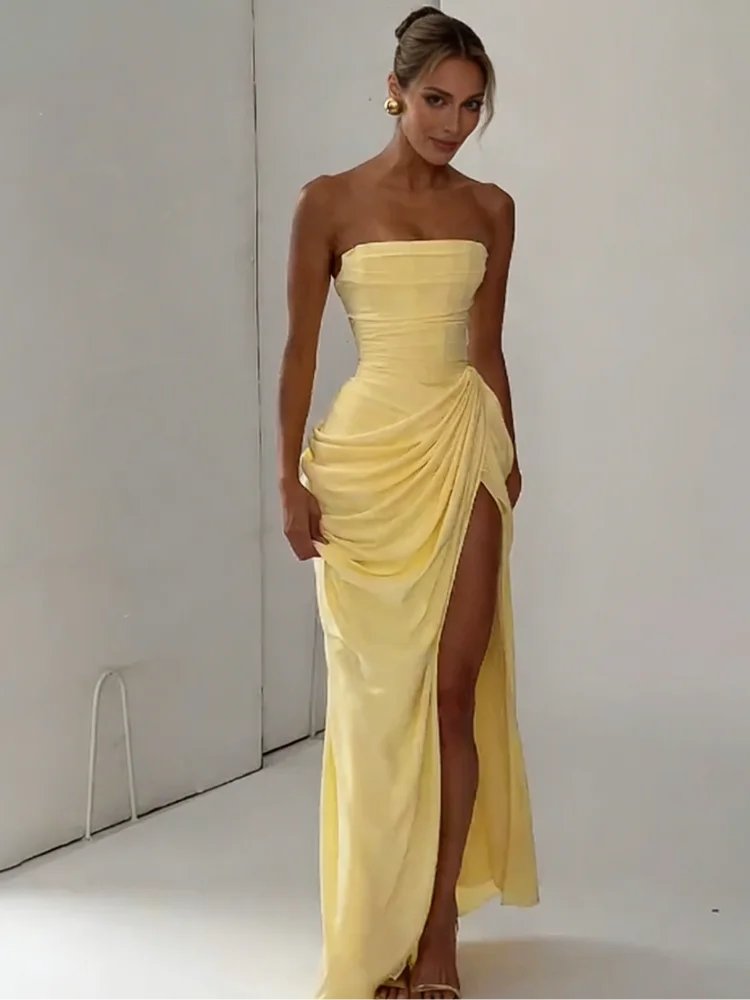 Women Solid Pleated Sexy Strapless Dress Lady Chic Off-shoulder Backless High Waist Split Dresses 2026 New Evening Party Gown Secondary image