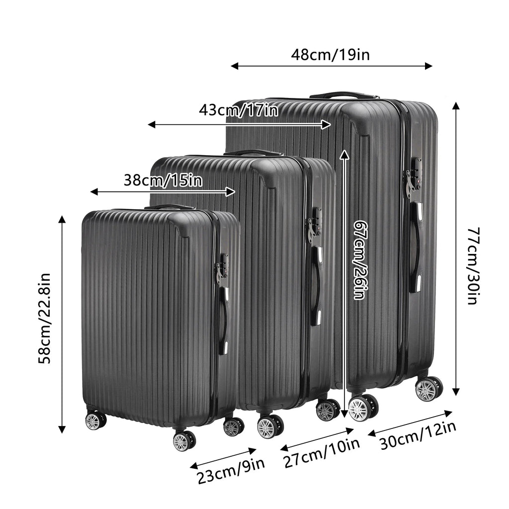 Anajqaqia Black Suitcase Set 3 Piece Luggage Set with Trolley Handle, Double Wheels and TSA Lock, Travel Suitcase Set