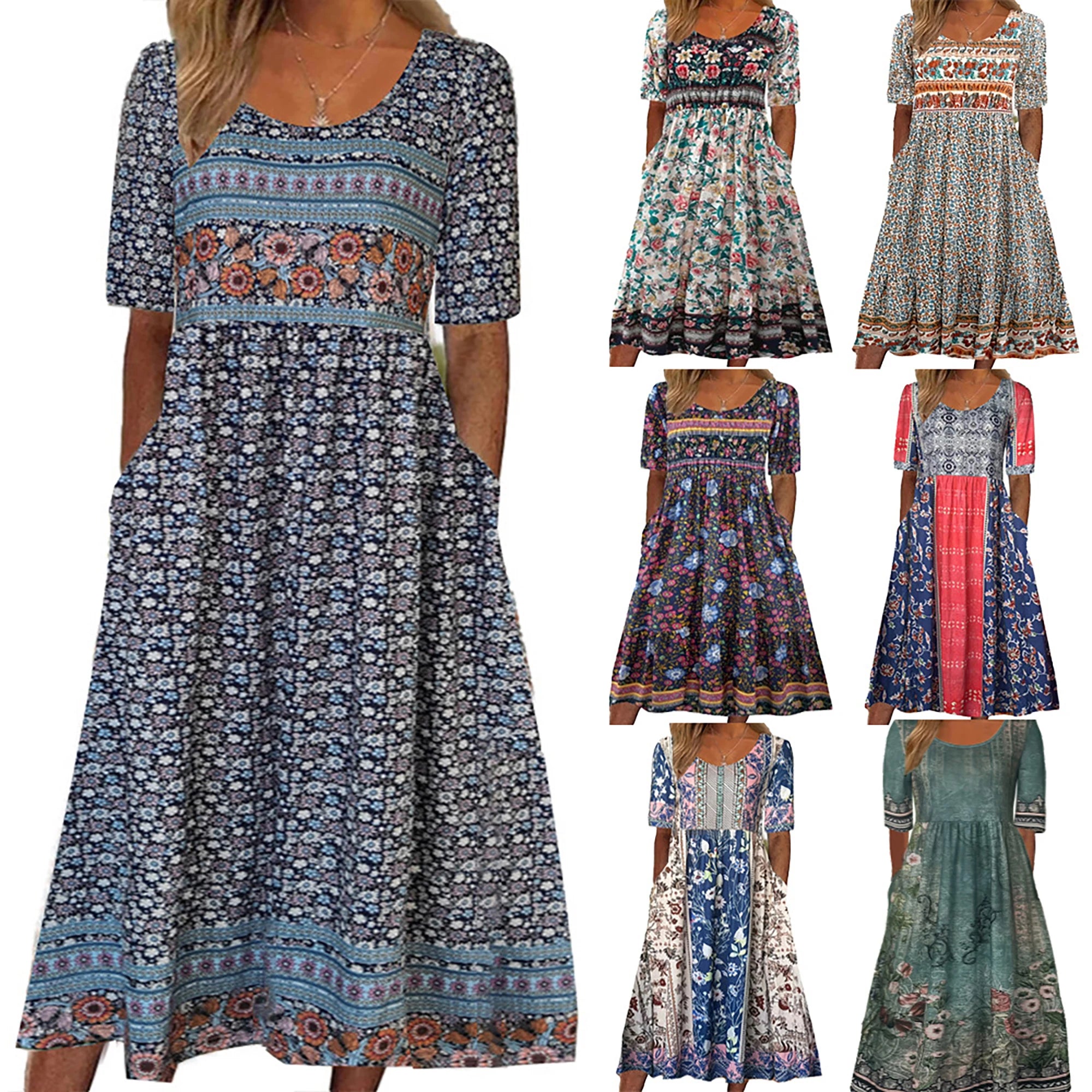 2025 summer new women's Bohemia loose fashion print round neck short sleeve long dress Main image