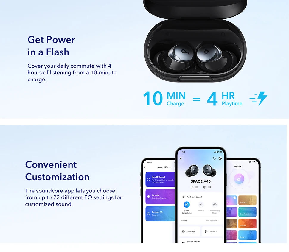 (EU stock) Soundcore by Anker Space A40 Bluetooth headphones, 98% automatic noise cancellation, wireless earbuds