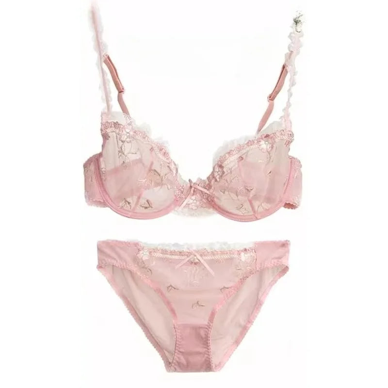 French Style Minimiser Bra Set | Big Size Unpadded Lace Half Cup, Large Cup Thin Anti-Sagging Sheer Lingerie Set BANERDANNI Bras