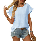 Solid Casual Loose Blouses For Women Fashion 2025 Summer Women's Hollow Short Sleeve Shirts And Blouses Elegant Female Blue Tops